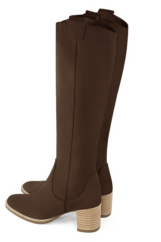Dark brown women's cowboy boots. Round toe. Medium block heels. Made to measure. Rear view - Florence KOOIJMAN